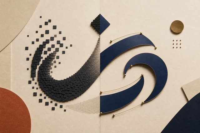 The same curved letterform shown as paper pixels and as a smooth vector ribbon