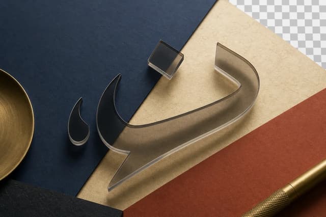 A translucent Arabic letterform over indigo, parchment, and rust surfaces